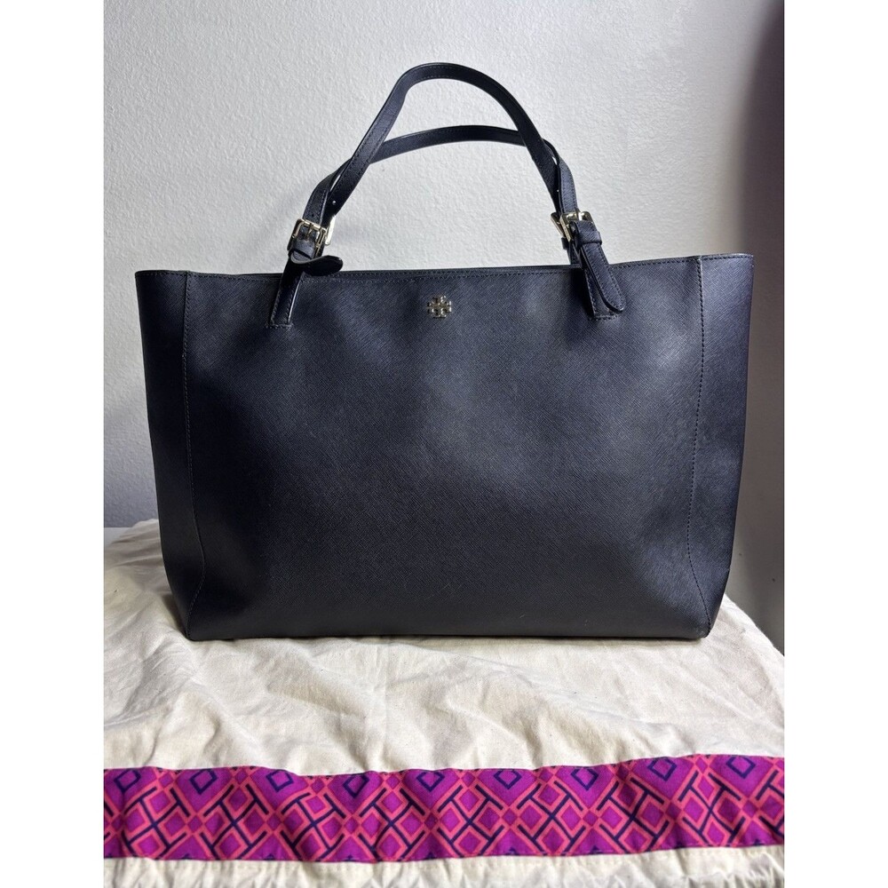 Authentic Tory Burch Navy Gold Saffiano Leather Tote Shoulder Bag 19” X 10.5” - Picture 1 of 9